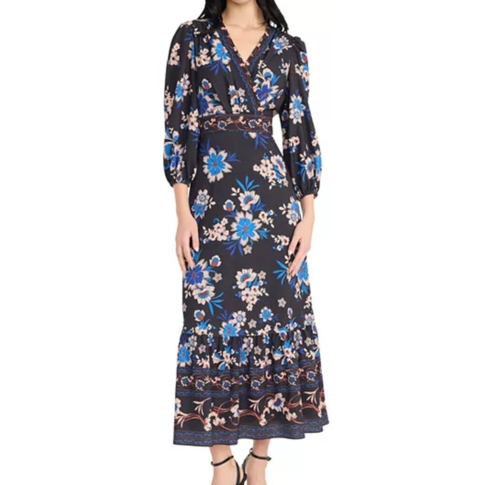 NWT Donna Morgan Dress Size 16 Bubble Crepe Floral Print  Long-Sleeve Maxi Dress